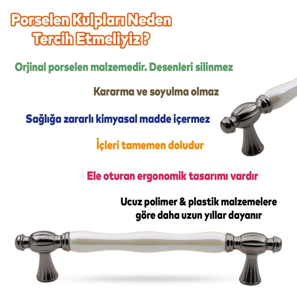 Gerçek Lüks Porselen Mobilya Mutfak Çekmece Dolap Dolabı Kulpu Kulbu (128 MM-12.8 CM) Sedef Füme - Resim 5