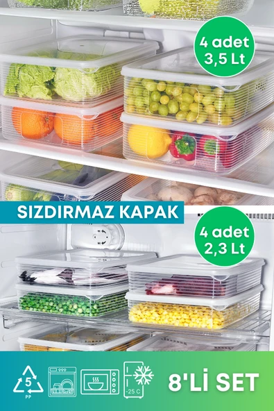 8'li Set 2,3 LT ve 3,5 LT Sızdırmaz Derin Dondurucu Buzluk Saklama Kabı Seti Şeffaf