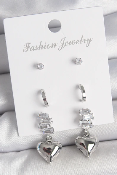 Pirinç Gümüş Renk Zirkon Taşlı Sallantılı Kalp Model Yarım Halka Detay 3 Çfit Kadın Küpe Seti - EBJ250522W34212 ürün görseli