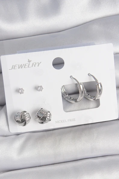 Pirinç Gümüş Renk Zirkon Taşlı Halka Model 3 Çift Kadın Küpe Seti - EBJ250522W34222 ürün görseli