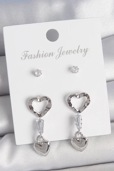 Pirinç Gümüş Renk Zirkon Taş Detaylı Sallantı Model 2 Çift Kadın Küpe Seti - EBJ250522W34213 ürün görseli