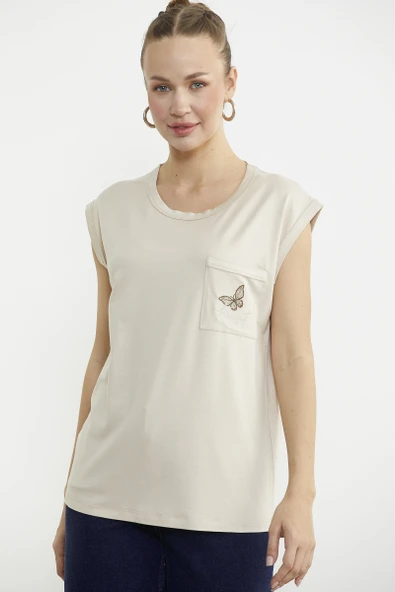 Düşük Kol Dökümlü Cepli Tişört - Taş - Resim 3