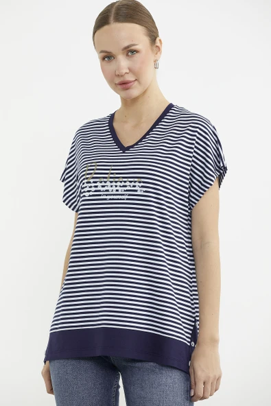 Çizgili V Yaka Payetli Tişört - Lacivert - Resim 3
