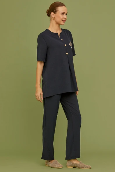 Sıfır Yaka Düğmeli Viskon Takım - Lacivert - Resim 5