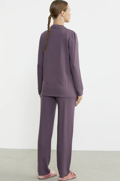 Düz Renk Gömlek Model Pijama Takım - Mor - Resim 6