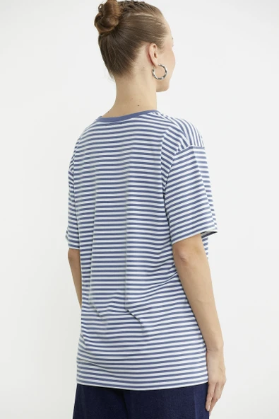 Çizgili Nakış Detaylı Tişört - Indigo - Resim 5