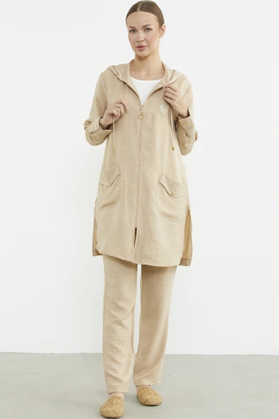 Büyük Beden Keten Görünümlü Üçlü Takım - Bej ürün görseli