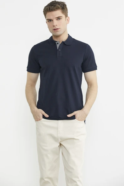 Detaylı Polo Yaka Kısa Kol Tişört - Lacivert ürün görseli 1