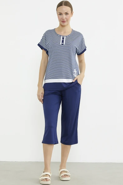 Marine Çizgili Kapri Penye Takım - Lacivert - Resim 2