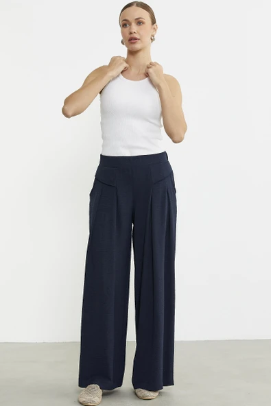 Volanlı Bol Kesim Krep Pantolon - Lacivert - Resim 2