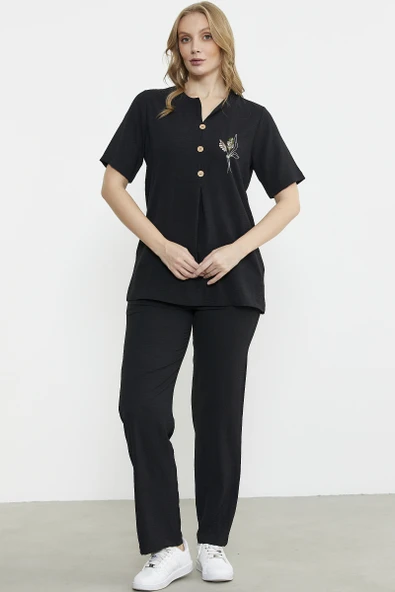 Sıfır Yaka Düğmeli Viskon Takım - Siyah - Resim 4