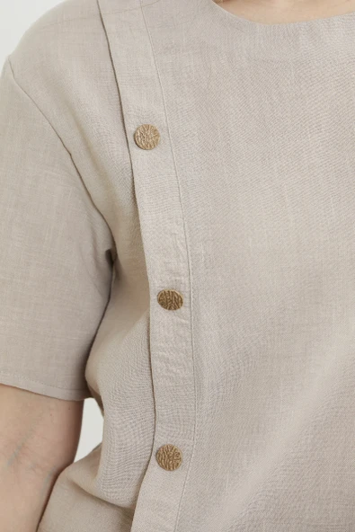 Düğme Detaylı Keten Görünümlü Rahat Takım - Taş - Resim 5