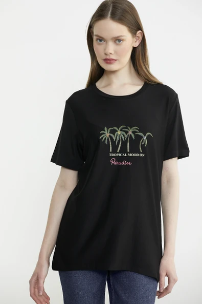 Egzotik Baskılı Rahat Kalıp Tişört - Siyah - Resim 4