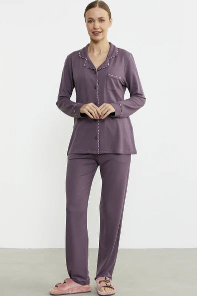 Düz Renk Gömlek Model Pijama Takım - Mor - Resim 4
