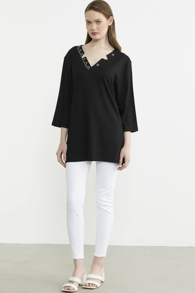 Büyük Beden Truvakar Kol Yaka Detaylı Tişört - Siyah ürün görseli 1