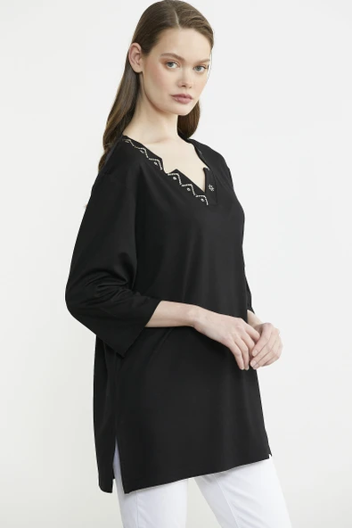 Büyük Beden Truvakar Kol Yaka Detaylı Tişört - Siyah - Resim 3