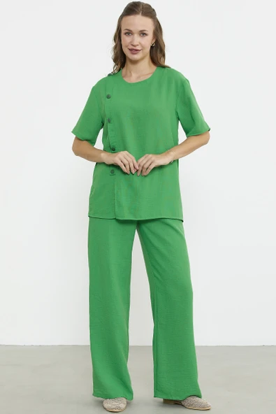Düğme Detaylı Keten Görünümlü Rahat Takım - Yeşil - Resim 5
