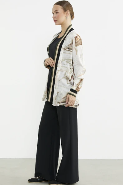 Rahat Kalıp Desenli İkili Krep Takım - Bej - Resim 4