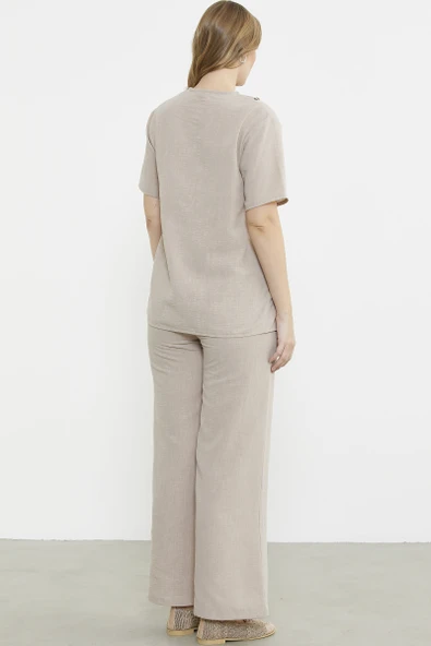 Düğme Detaylı Keten Görünümlü Rahat Takım - Taş - Resim 6