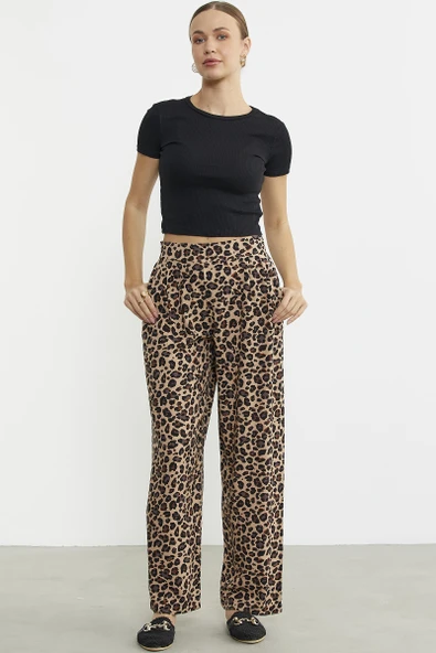 Leopar Desenli Bol Kesim Viskon Pantolon - Kahve - 3