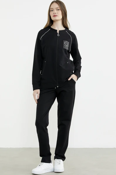 Biye Detaylı Fermuarlı Eşofman Takım - Siyah ürün görseli 1