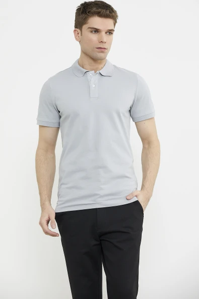 Detaylı Polo Yaka Kısa Kol Tişört - Gri - 4