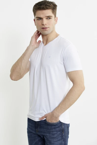 V Yaka Basic Kısa Kol Tişört - Beyaz - Resim 4