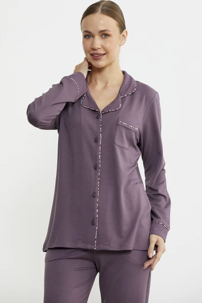 Düz Renk Gömlek Model Pijama Takım - Mor - Resim 3