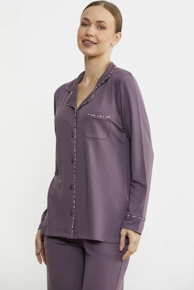 Düz Renk Gömlek Model Pijama Takım - Mor - Resim 2