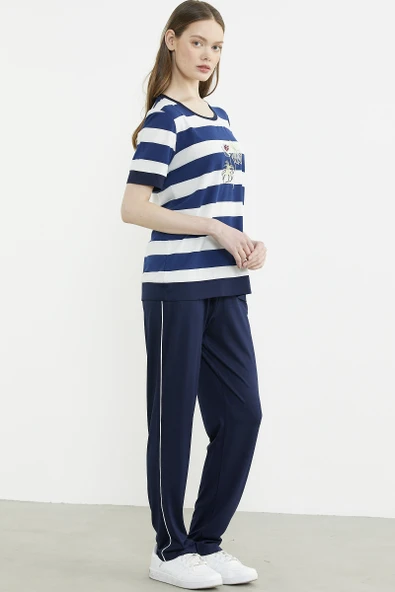 Rahat Kalıp Çizgili Pantolon Takım - Lacivert - Resim 5