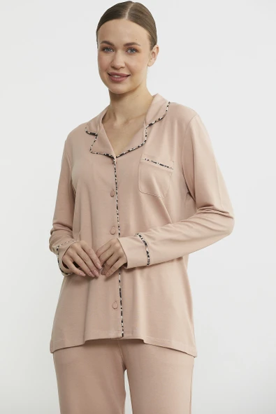 Düz Renk Gömlek Model Pijama Takım - Somon - 2
