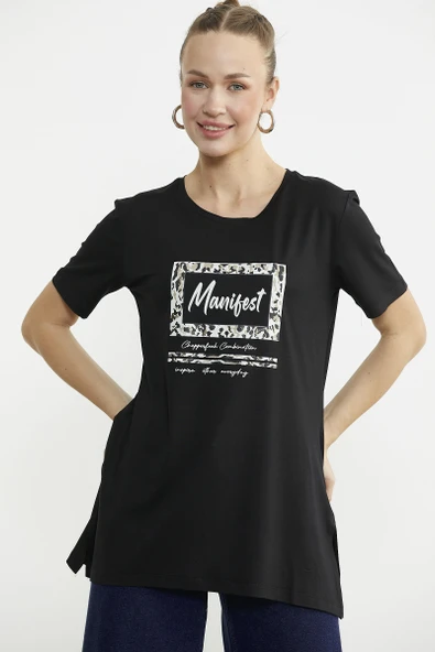 Baskılı Bisiklet Yaka Tunik Tişört - Siyah - Resim 4