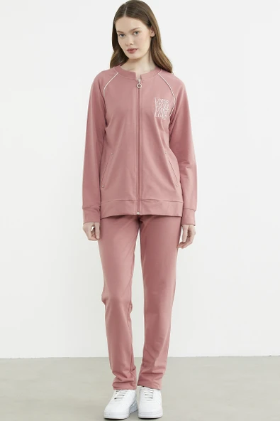 Biye Detaylı Fermuarlı Eşofman Takım - Gül ürün görseli 1