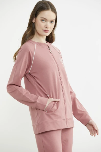 Biye Detaylı Fermuarlı Eşofman Takım - Gül - Resim 5