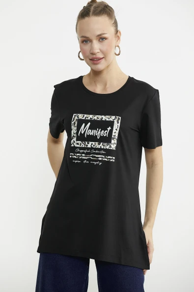 Baskılı Bisiklet Yaka Tunik Tişört - Siyah - Resim 2