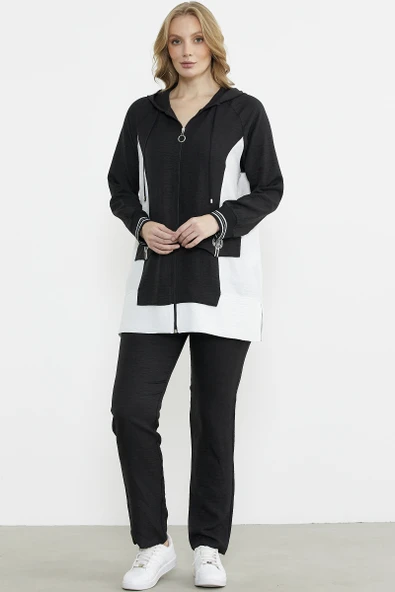 Keten Görünümlü Kapüşonlu Tunik Takım - Siyah - Resim 3