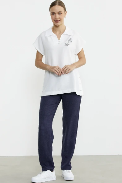 Polo Yaka Keten Görüntülü Takım - Lacivert - Resim 2