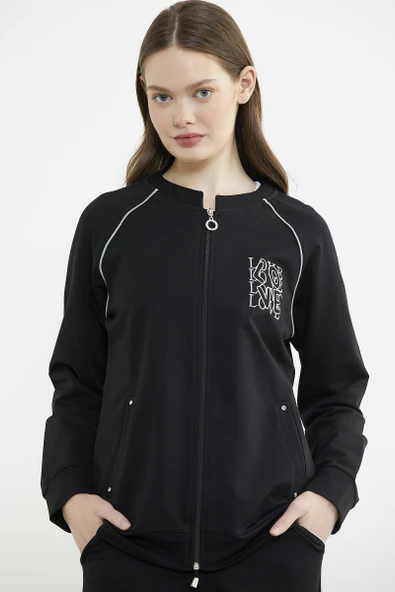 Biye Detaylı Fermuarlı Eşofman Takım - Siyah - Resim 2