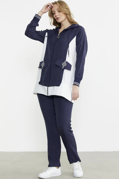 Keten Görünümlü Kapüşonlu Tunik Takım - Lacivert - Resim 4