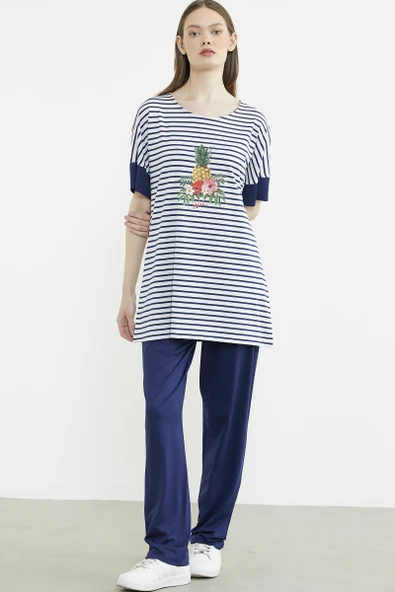 Büyük Beden  Baskılı Penye Tunik Takım - Lacivert - Resim 3