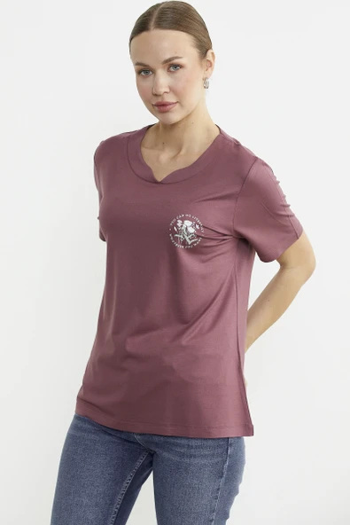 Bisiklet Yaka Baskılı Dökümlü Tişört - Gül - Resim 2