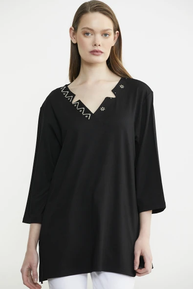 Büyük Beden Truvakar Kol Yaka Detaylı Tişört - Siyah - Resim 2