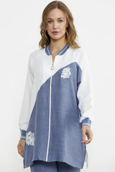 Fermuar Kapamalı Nakışlı Tunik Takım - Indigo - Resim 2