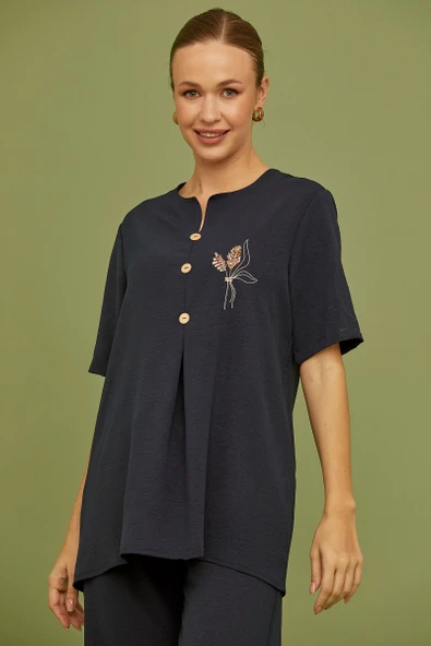 Sıfır Yaka Düğmeli Viskon Takım - Lacivert ürün görseli