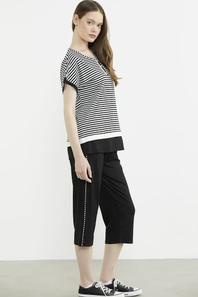 Marine Çizgili Kapri Penye Takım - Siyah - Resim 5