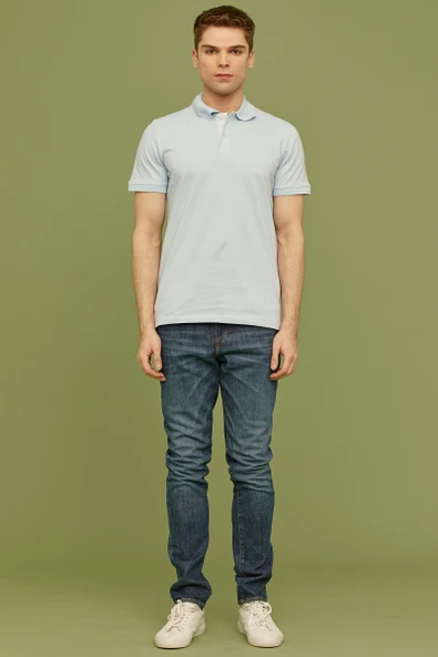 Detaylı Polo Yaka Kısa Kol Tişört - Açık Mavi - Resim 3