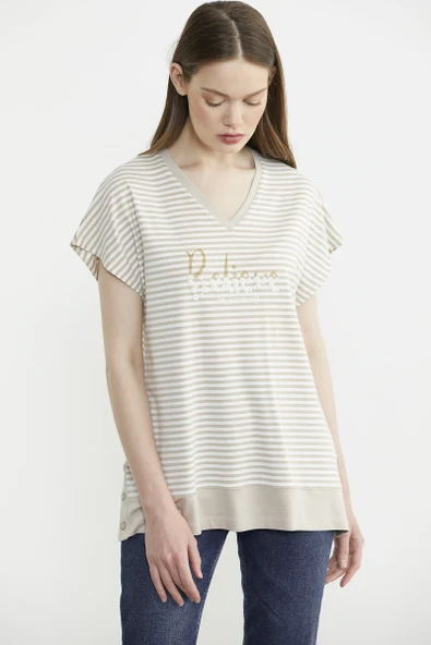 Çizgili V Yaka Payetli Tişört - Kahve - Resim 2