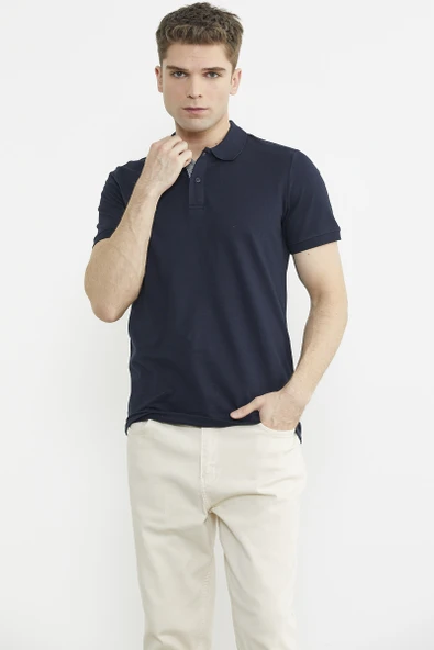Detaylı Polo Yaka Kısa Kol Tişört - Lacivert - Resim 2