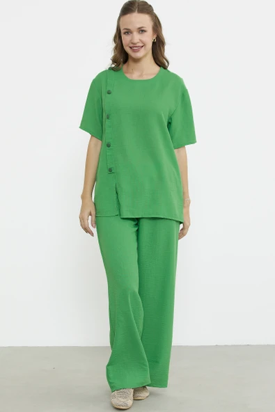 Düğme Detaylı Keten Görünümlü Rahat Takım - Yeşil ürün görseli