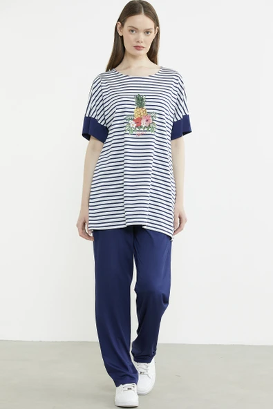 Büyük Beden  Baskılı Penye Tunik Takım - Lacivert - Resim 2